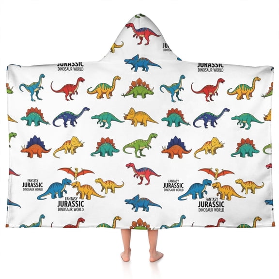 White Cartoon Fantasy Dinosaurs Pattern Hooded Bath Towel，50"x30" for Ages 3 To 12 Kids, Quick Dry Lightweight Soft Microfiber Hood Beach Towel Cover Up for Kids