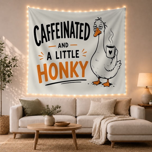 White Cartoon Goose with Coffee Mug on Cream Background, Whimsical Illustration for Animal Lovers, Funny Bird Wall Art, Birthday Gift Tapestry Wall Hanging for Dorm and Living Room