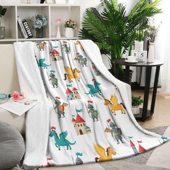 White Cartoon KnightsCastles Pattern Blanket,Comfortable Soft Flannel Throw Blanket,All Season,Warm Lightweight Blankets for Sofa Bed Couch Living Room Chair,50"x60"