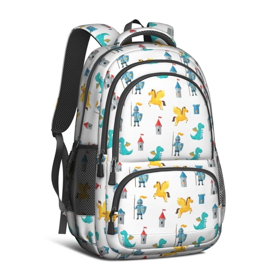 White Cartoon KnightsCastles Pattern Cute School Backpack Bag with Padded Back and Adjustable Shoulder Straps 16.9 X 12.6 X 5.9 Inches
