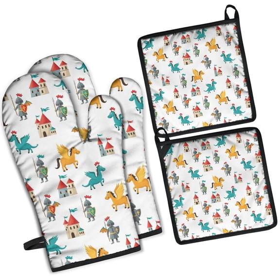 White Cartoon KnightsCastles Pattern Kitchen Oven Mitt and Pot Holder Sets 2 Pcs for Baking, Cooking and Grilling, Heat Resistant Up To 392 °F