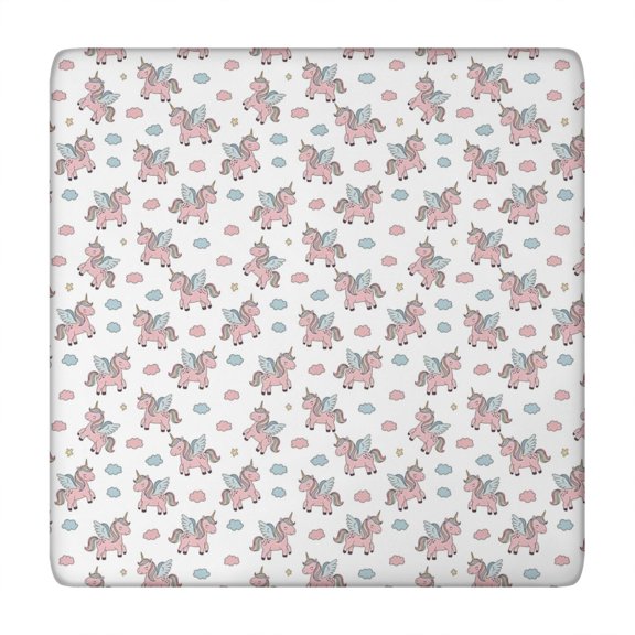 White Cartoon Pink Winged Unicorn Cloud Pattern Square Fitted Tablecloth with Elastic Edge,Square Table Cover,Washable Elastic Table Cover for Home Kitchen Party Decor 34"x34"