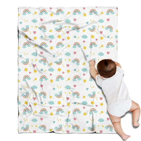 White Cartoon Rainbow Cloud Star Heart Pattern Blanket,Comfortable Soft Flannel Throw Blanket,All Season,Warm Lightweight Blankets for Sofa Bed Couch Living Room Chair,30"x40"