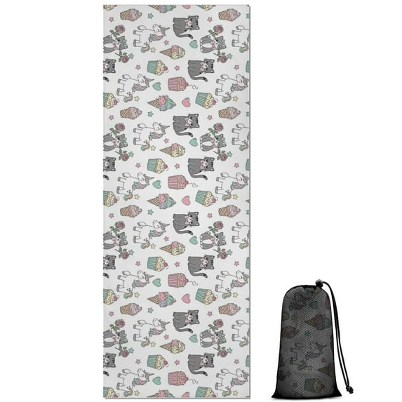 White Cartoon Unicorn Cat Dessert Pattern Hot Yoga Mat Towel Non Slip for Hot Yoga - Quick-Drying Yoga Mat Cover with 4 Corner Pockets with Travel Bag - Hot Yoga Towel Non Slip 74"x26"
