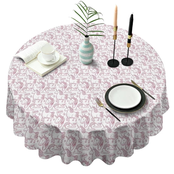 White Cartoon Unicorn Cloud Pattern Round Tablecloth 60"x60",Wrinkle Wipeable Table Cloth for Kitchen Dining Room Picnic Patio Party