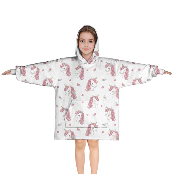 White Cartoon Unicorn Face Pattern Blanket Hoodies for Kids 6-13YR Oversize Wearable Blanket Hoodies for Boys Girls Teens