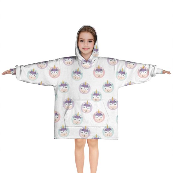White Cartoon Unicorn Face Pattern Blanket Hoodies for Kids 6-13YR Oversize Wearable Blanket Hoodies for Boys Girls Teens