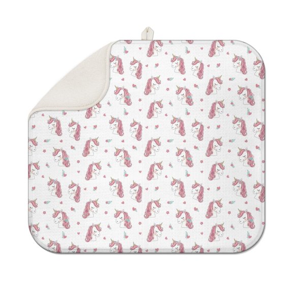 White Cartoon Unicorn Face Pattern Dish Drying Mat for Kitchen 1 Pack, Ultra Absorbent Microfiber Dishes Drainer Mats,16"x18"