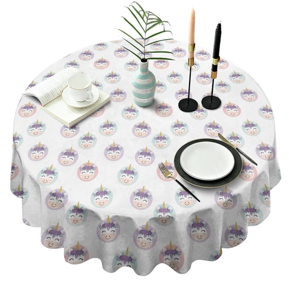 White Cartoon Unicorn Face Pattern Round Tablecloth 60"x60",Wrinkle Wipeable Table Cloth for Kitchen Dining Room Picnic Patio Party