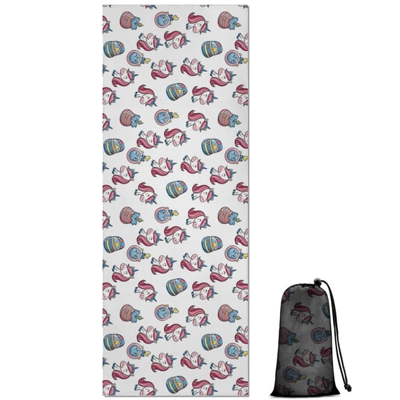 White Cartoon Unicorn Head with Easter Eggs Hot Yoga Mat Towel Non Slip for Hot Yoga - Quick-Drying Yoga Mat Cover with 4 Corner Pockets with Travel Bag - Hot Yoga Towel Non Slip 70"x26"