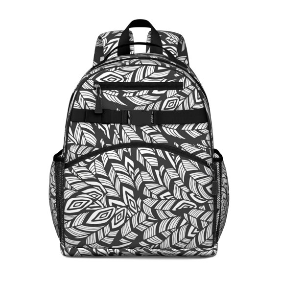 Black Boho Tribal Feathers Pattern Backpack for School,Cute School Bag,Schoolbag with Adjustable Shoulder Straps & Padded Back,15.25"x11.5"x5.25"