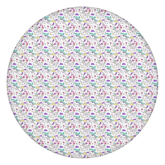 White Cartoon Unicorn Pattern Round Fitted Tablecloth with Elastic Edge,Dining Table Cover Waterproof,Outdoor Round Tablecloth for Camping,Dining,Indoor and Outdoor