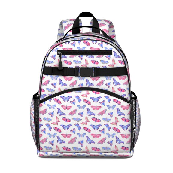 Pink Blue Butterfly Pattern Backpack for School,Cute School Bag,Schoolbag with Adjustable Shoulder Straps & Padded Back,15.25"x11.5"x5.25"