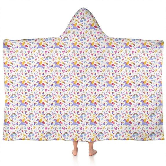 White Cartoon Unicorn Rainbow Crown Pattern Hooded Bath Towel,60"x35" for Ages 3 To 12 Kids, Quick Dry Lightweight Soft Microfiber Hood Beach Towel Cover Up for Kids