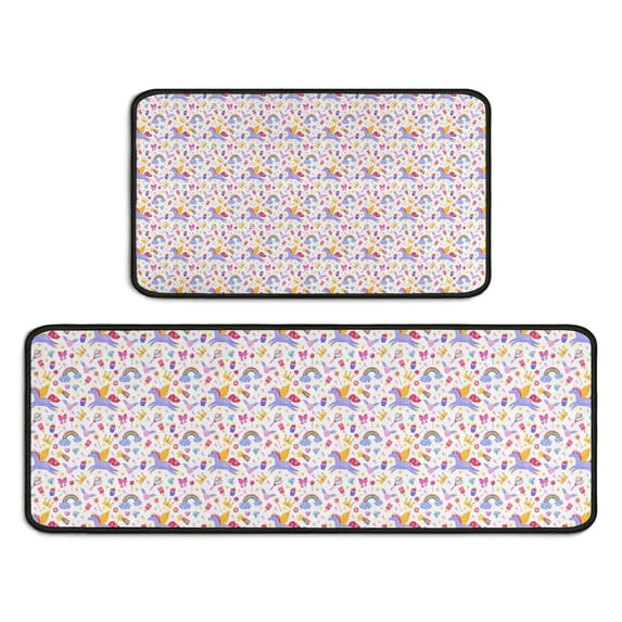 White Cartoon Unicorn Rainbow Crown Pattern Kitchen Rugs Sets Of 2,Anti Fatigue Kitchen Mat Rugs Non Slip Washable,Decorative Kitchen Floor Mats for Kitchen,Sink,Laundry,17"X30"+17"X47"