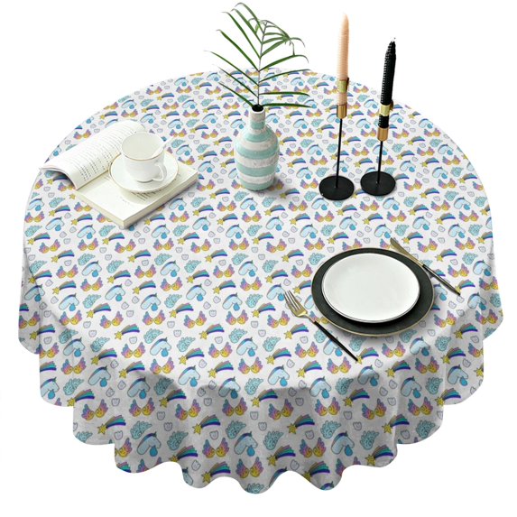 White Cartoon Unicorn Rainbow Heart Star Pattern Round Tablecloth 60"x60",Wrinkle Wipeable Table Cloth for Kitchen Dining Room Picnic Patio Party