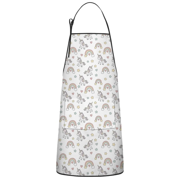 White Cartoon Unicorn Rainbow Star Heart Apron-Garden Aprons for Women with Pockets-Cotton Linen Waterproof Kitchen Cooking Gardening Aprons Adjustable for Kitchen,Cooking,BBQ and Salon 33x27 Inch