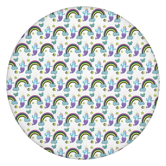 White Cartoon Unicorn Rainbow Star Pattern Round Fitted Tablecloth with Elastic Edge,Dining Table Cover Waterproof,Outdoor Round Tablecloth for Camping,Dining,Indoor and Outdoor