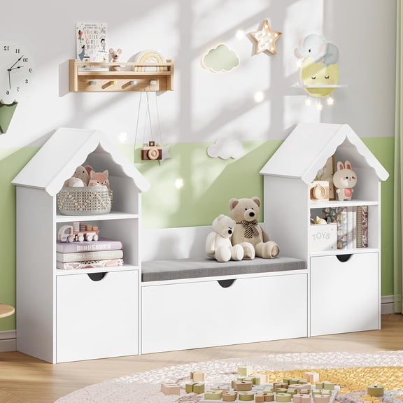 White Castle-Shaped Bookshelf and Toy Storage Organizer with 3 Movable Drawers and Seat Cushion