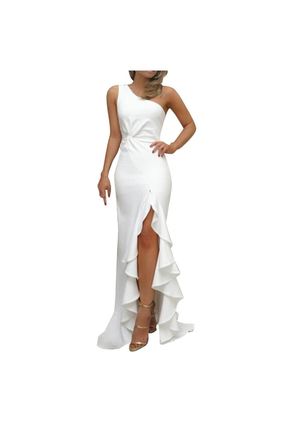 White Casual Dresses Womens One Shoulder Ruched Ruffle Formal Evening DressSlim Dresses Summer Dresses for Women 2024