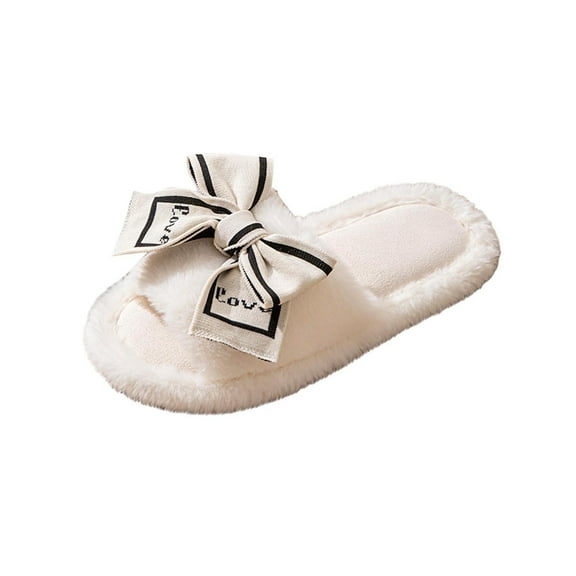 White Casual Home Slippers With Plus Velvet Warm Bow Slip-On Detailing For Women Comfortable Flock Material