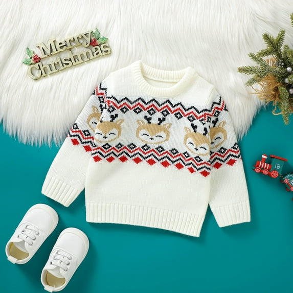White Casual Round Neck Long Sleeve Knit Newborn Infant Boys Girls Christmas Reindeer Pattern Sweaters Pullovers Toddler Jumpers