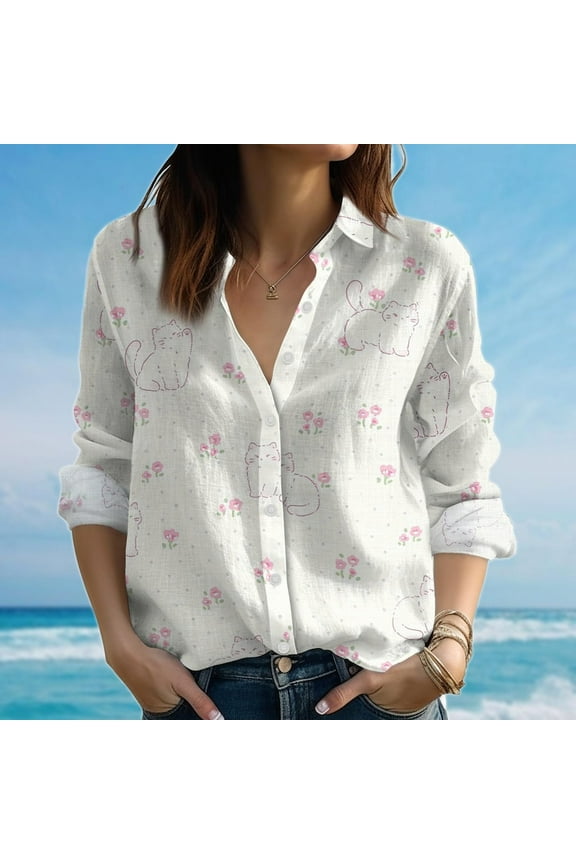 , Cute Women Button Up, Cat Lover Spring Summer Floral Top, Aesthetic Women Shirt, Gift For Her