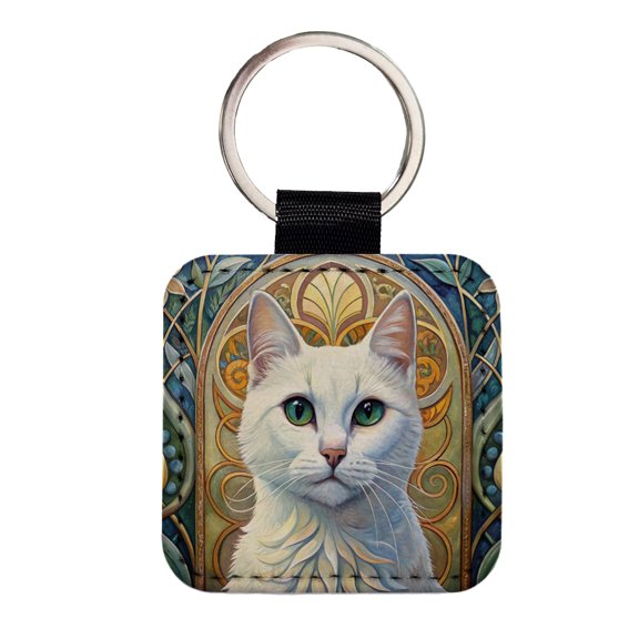 White Cat Art Nouveau Faux Leather Square Keychain