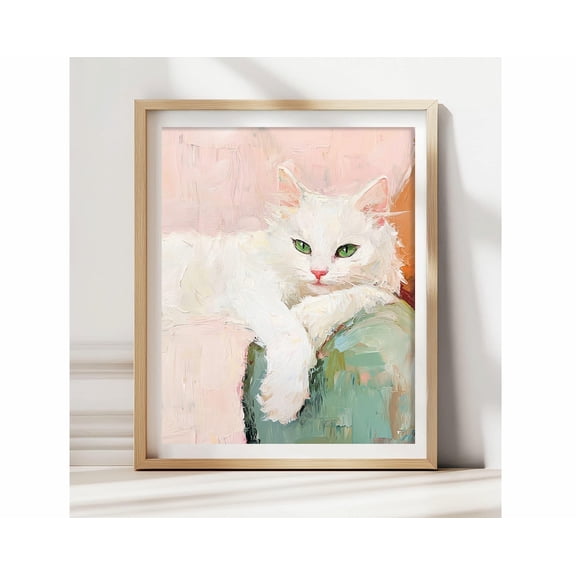 White Cat Art Print Minimalist Green Eyes Pet Portrait Japandi Cat Wall Art Modern Feline Decor Neutral Cat Lover Gift, Unframed Paper Print