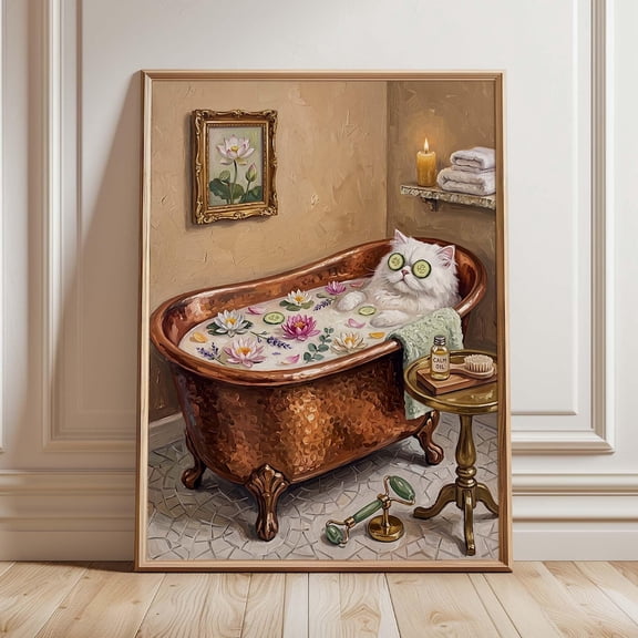 White Cat Bathroom Wall Art Print Funny Spa Cat Poster Copper Bathtub Pet Decor Whimsical Bathroom Artwork