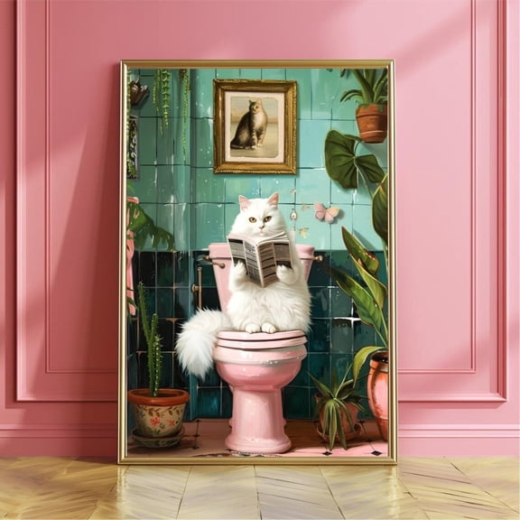 White Cat Bathroom Wall Art Print White Cat On Toilet Pet Wc Decor Wall Art Modern Wall Decor