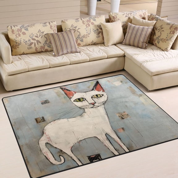 White Cat Blue Wall Area Rug Washable 80 x 58 Floor Carpet Mat Non Slip for Bedroom Living Room Home Decor