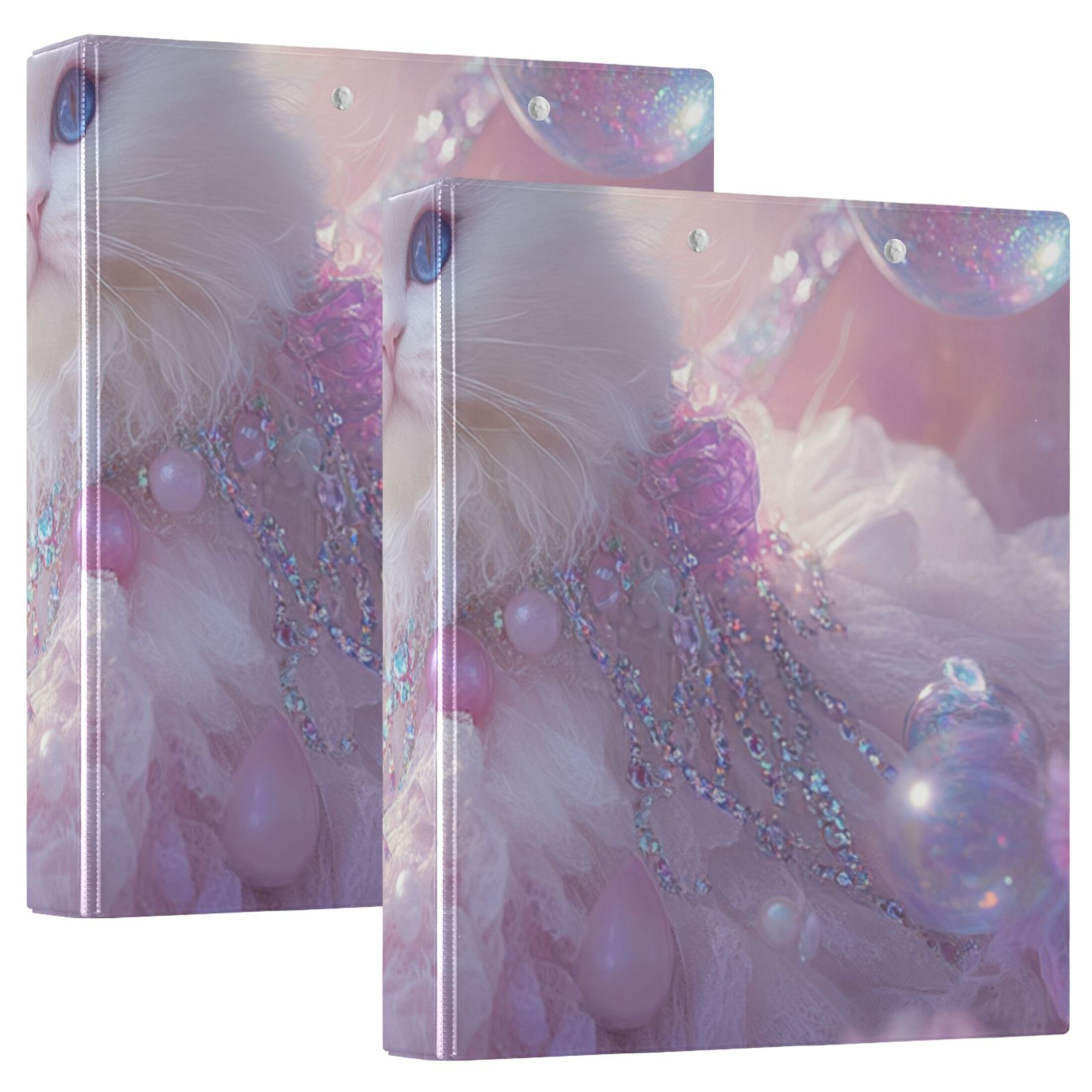 White Cat Bubbles 3 Ring Binders 1.5 inch Hardcover File Folders with Interior Pockets A4 Size Organizer for School Office Hospital
