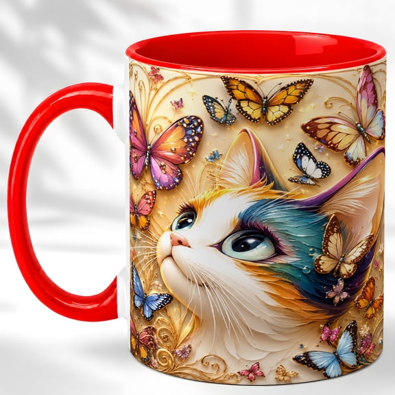 White Cat Butterfly Accent Mug, 11oz Ceramic Coffee Cup for Cat Lovers
