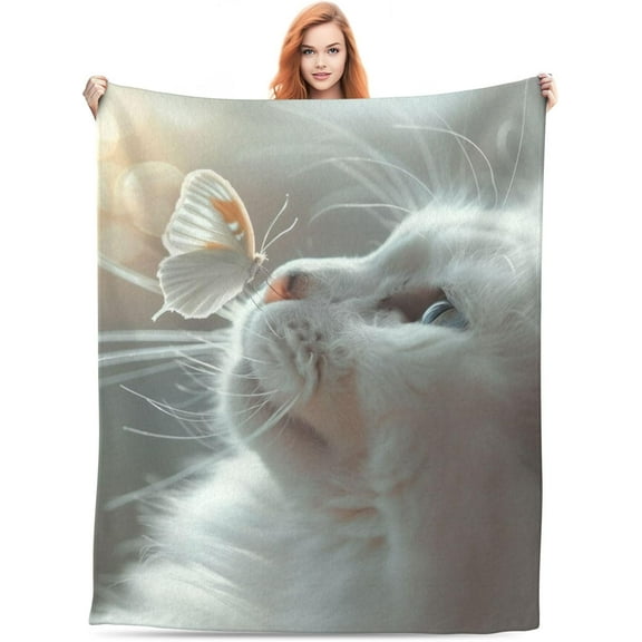 White Cat Butterfly Blanket, Cat Gifts for Women Girls Cat Lovers, Lightweight Soft Cute Pet Animal Throw Blankets for Bed Sofa Room Decor 60x50