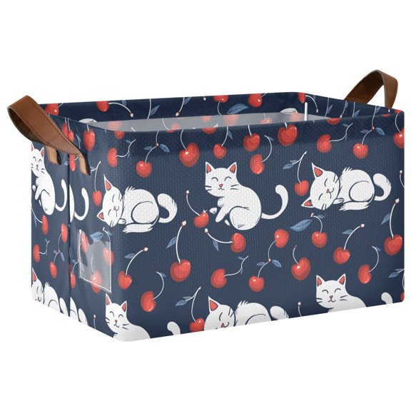 White Cat Cherry Pattern Collapsible Storage Bin Open Home Shelf Basket Water-Resistant Iron Frame Large