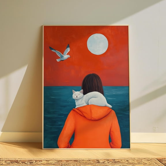 White Cat Coastal Retro Wall Art, Unframed Canvas Size 12x18