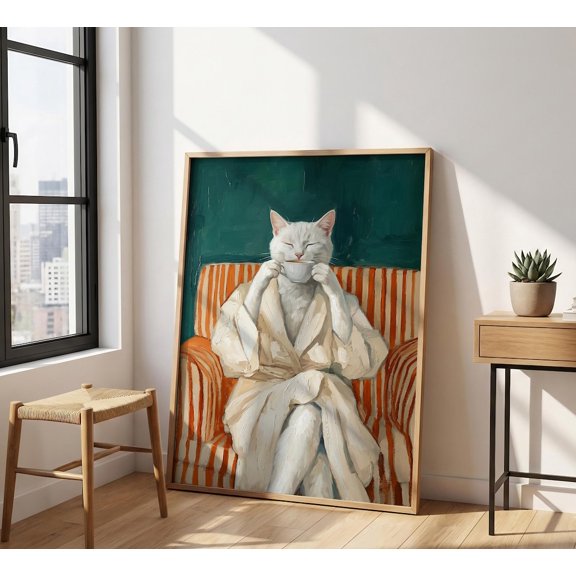 White Cat Coffee Emerald Green Pet Portrait Morning Routine Orange Striped Chair Cat Lover Poster Unframed Paper Print
