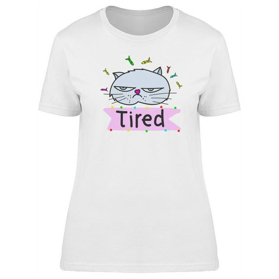 White Cat Doodle Tired T-Shirt Women -Image by Shutterstock, Female XX-Large