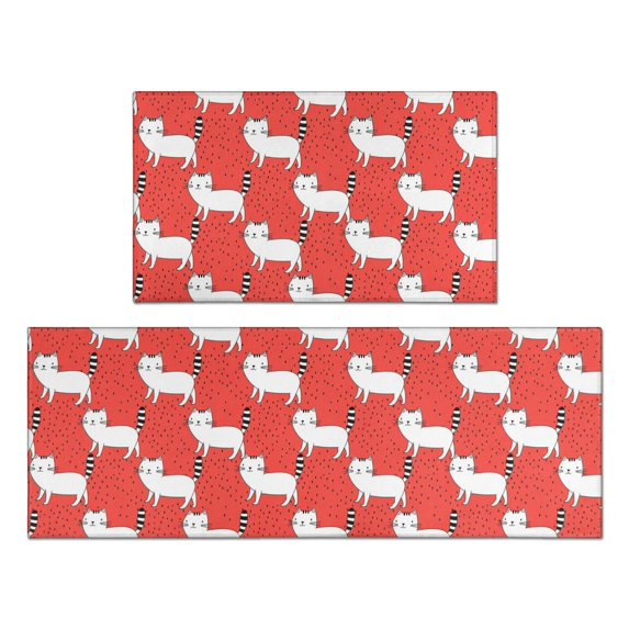 White Cat and Dot Red Pattern Anti Fatigue Kitchen Rugs Set Of 2, Non Slip Washable Decorative Floor Mats for Kitchen Sink Laundry, 17"x30" and 17"x47"