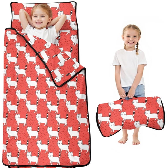 White Cat and Dot Red Pattern Kids Nap Mat, Sleeping Mat with Removable ...