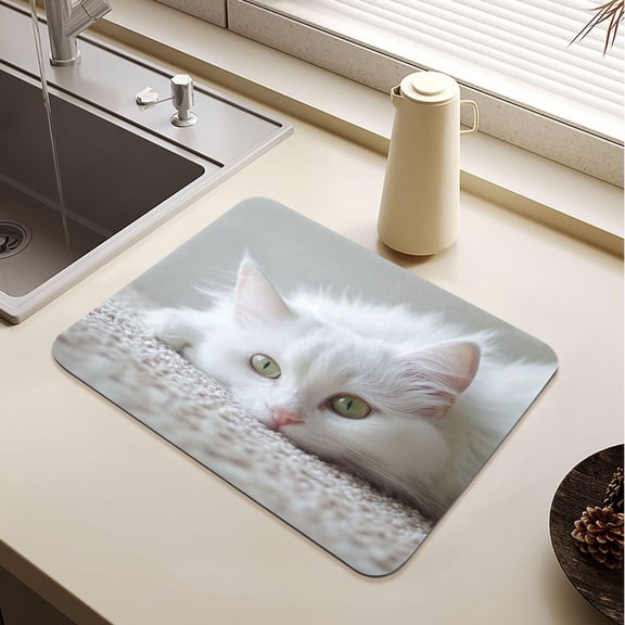 White Cat Drying Mat Diatomaceous Earth Super Absorbent Non-slip Rubber Sole Heat Resistant 230 Degrees Fahrenheit 19.715.7in