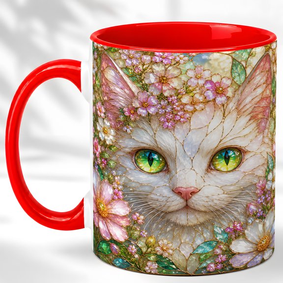 White Cat Face Coffee Mug, Floral Cat Mug, Ceramic 11 oz