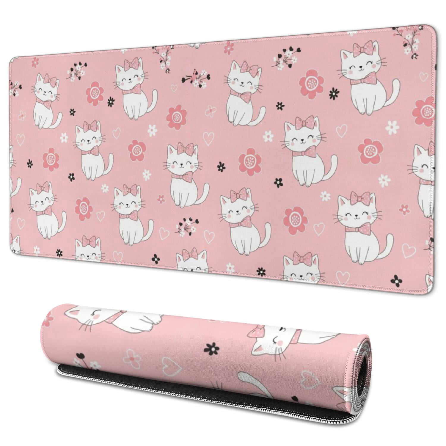 White Cat and Flower Pink Pattern Extended Large Mouse Pad, Keyboard ...