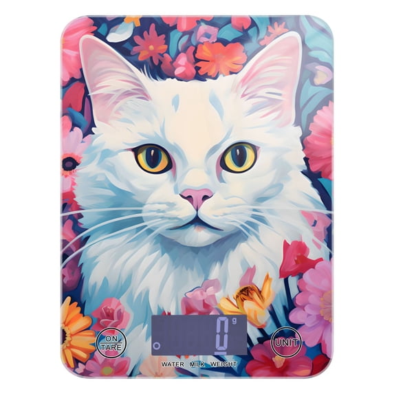 White Cat Flowers Floral Food Scale Digital Kitchen Scale Waterproof Tempered Glass Tare Function 11 lb for Baking Cooking Meal Prep