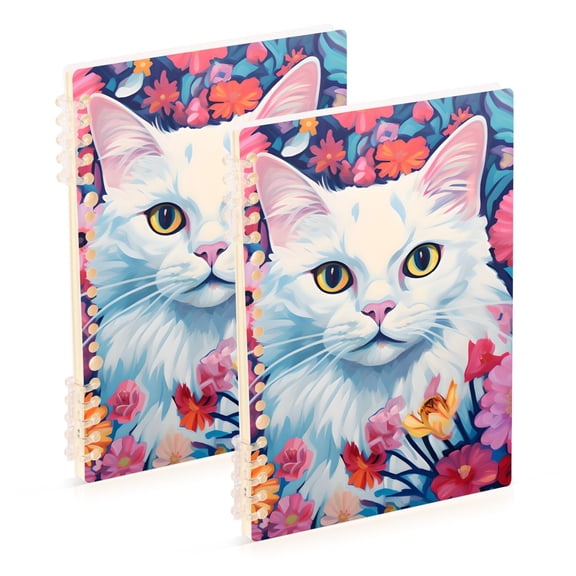 White Cat Flowers Floral Ring Binder Notebook Journey Note Diary College Ruled Spiral Notebook Study Loose Leaf Paper A5 60 Pages