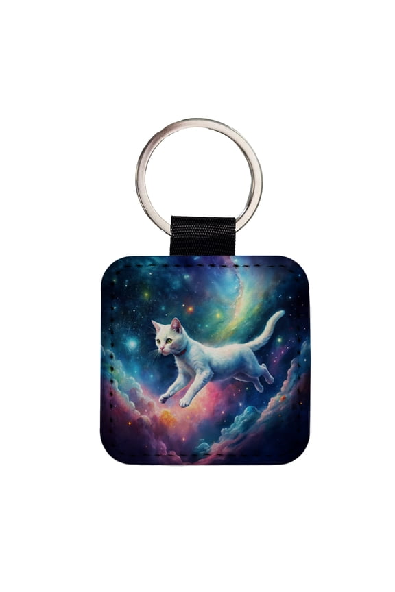 White Cat Flying Through Space Funny Watercolor Faux Leather Square Keychain