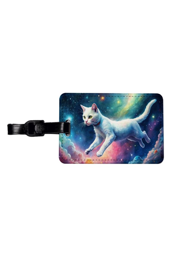 White Cat Flying Through Space Funny Watercolor Faux Leather Travel Luggage Tag
