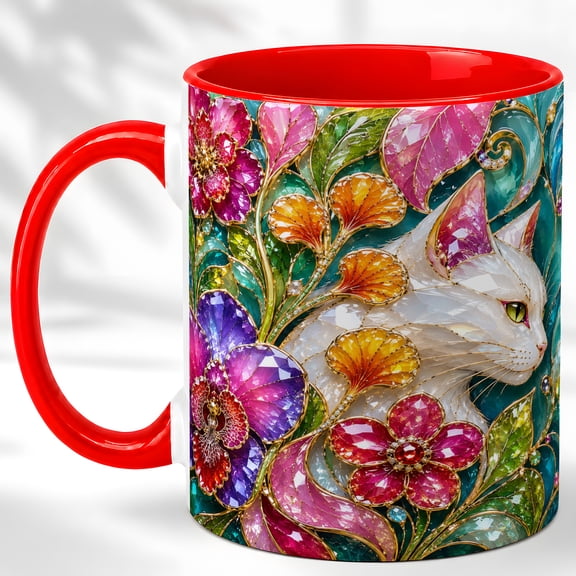 White Cat Garden Coffee Mug, Floral Cat Mug, Ceramic 11 oz