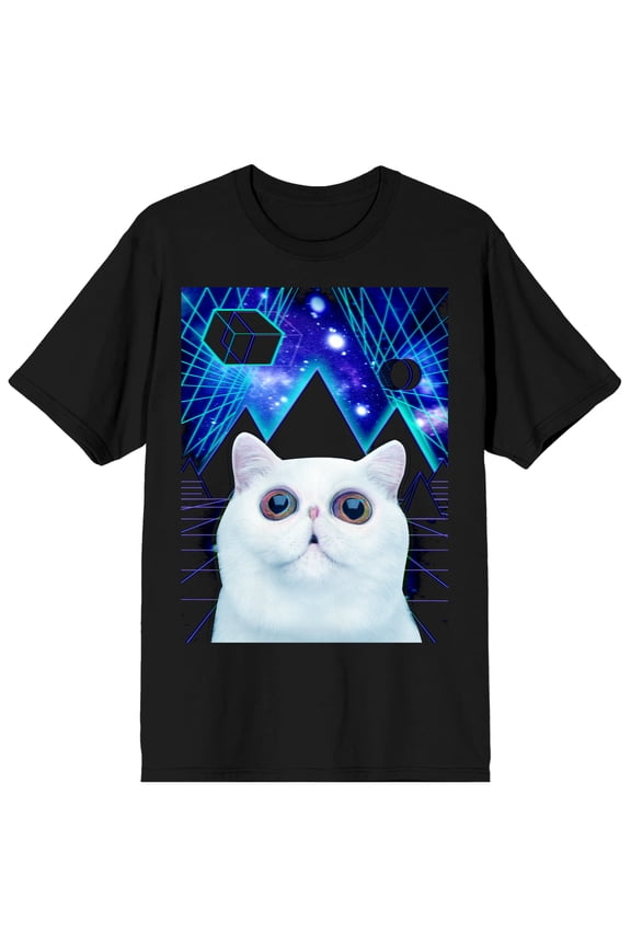 White Cat Geometric Shapes Men's Black T-shirt-Small